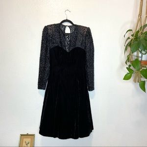 Vintage Niki Originals Black Long Sleeve Velvet skirt Dress Leopard Print